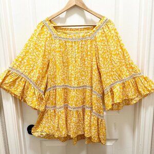 Magnolia Lane Women's Peasant Tunic Top Size M Yellow Floral Print Bell Sleeve